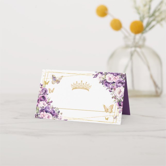 Purple Lilac Floral Gold Butterflies Quinceañera  Place Card (Front)