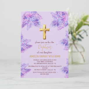 Purple Lilac Floral Gold Cross Girl Baptism Invitation
