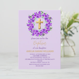 Purple Lilac Floral Gold Cross Girl Baptism Invitation