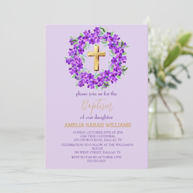 Purple Lilac Floral Gold Cross Girl Baptism  Invitation (Standing Front)