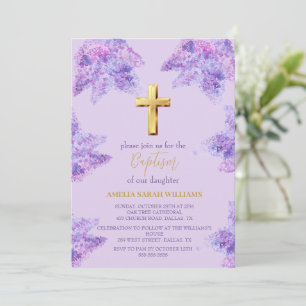 Purple Lilac Floral Gold Cross Girl Baptism  Invitation
