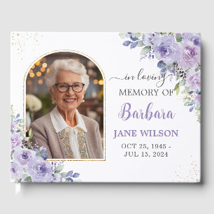 Purple Lilac Floral Gold Memorial Funeral Photo Guest Book