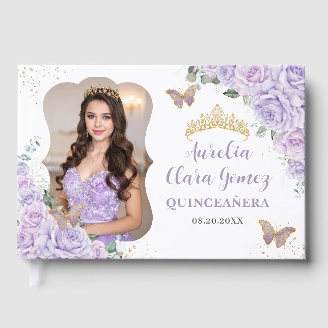Purple Lilac Floral Gold QUINCEAÑERA 16 Photograph Guest Book (Front)