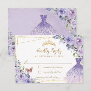 Purple Lilac Floral Gold Quinceañera Dress Gown RSVP Card
