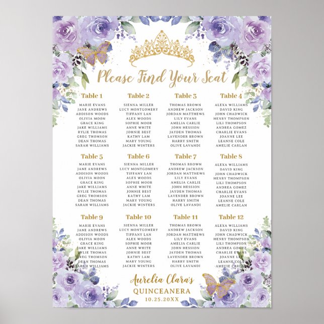 Purple Lilac Floral Gold Quinceañera Seating Chart (Front)