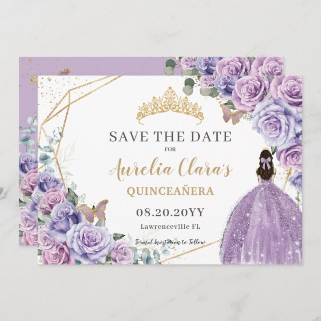 Purple Lilac Floral Gold Quinceanera Sweet Sixteen Save The Date (Front/Back)