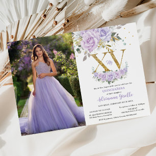 Purple Lilac Floral Gold XV Quinceañera 15 Photo Invitation