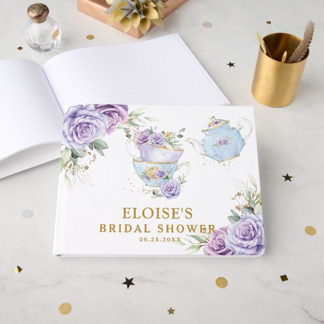 Purple Lilac Floral High Tea Party Bridal Shower  Guest Book (Front Open)
