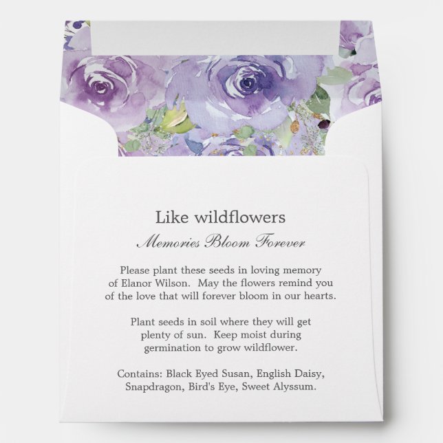 Purple Lilac Floral Memorial Funeral Seed Packet Envelope (Back (Bottom))