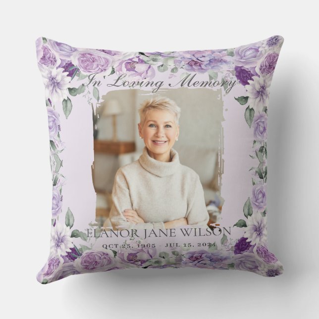 Purple Lilac Floral Photo Funeral in Loving Memory Cushion (Back)