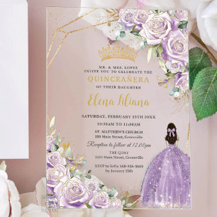 Purple Lilac Floral Princess Gold Quinceanera 15 Acrylic Invitations