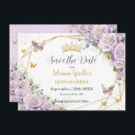 Purple Lilac Floral Princess Gold Quinceañera Save The Date<br><div class="desc">Personalise this pretty purple lilac floral geometric gold Quinceañera / Sweet 16 birthday save the date easily and quickly. Simply click the customise it further button to edit the texts, change fonts and fonts colours. Featuring beautiful pastel lilac roses, butterflies and elegant gold elements. Matching items available in store. (c)...</div>