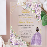 Purple Lilac Floral Princess Gold Quinceañera XV Acrylic Invitations<br><div class="desc">Personalise this elegant purple lilac floral Quinceañera / Sweet 16 birthday acrylic invitation easily and quickly. Simply click the customise it further button to edit the texts, change fonts and fonts colours. Featuring exquisite purple lilac roses, a girl in a glittery lilac dress, butterflies and chic gold accents. Explore matching...</div>