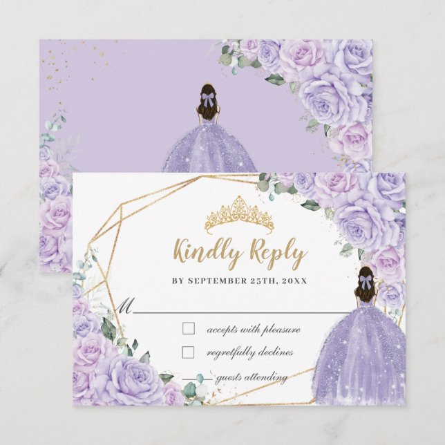 Purple Lilac Floral Princess Quinceanera 16 Reply RSVP Card (Front/Back)