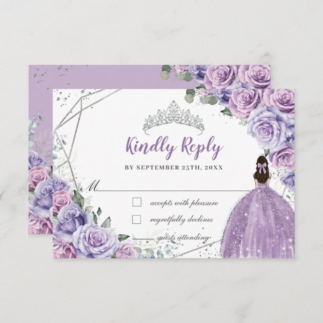 Purple Lilac Floral Princess Quinceañera Reply RSVP Card (Front/Back)