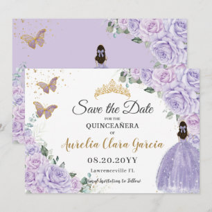 Purple Lilac Floral Quinceañera 15 Princess  Save The Date