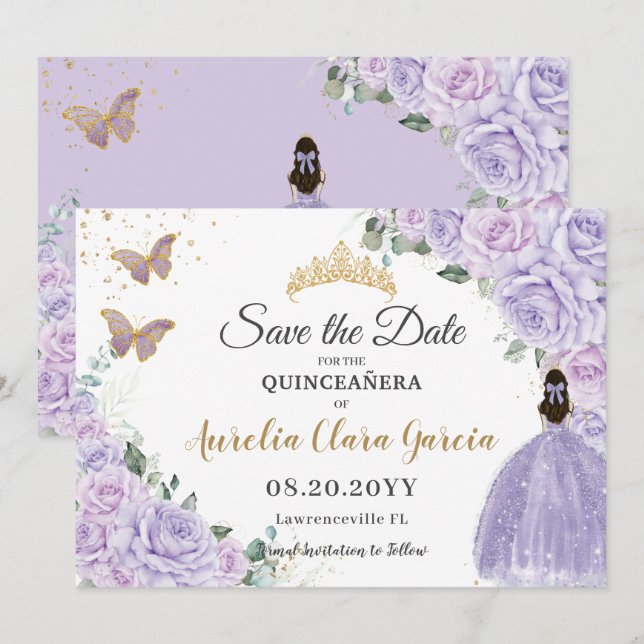 Purple Lilac Floral Quinceañera 15 Princess  Save The Date (Front/Back)
