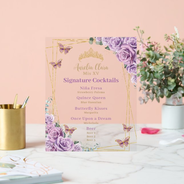 Purple Lilac Floral Quinceanera Bar Cocktail Menu Acrylic Sign (Wedding)