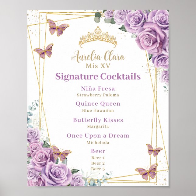 Purple Lilac Floral Quinceanera Bar Cocktail Menu Poster (Front)