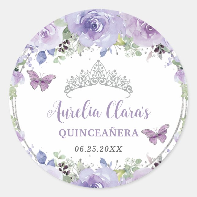 Purple Lilac Floral Quinceañera Crown Butterflies  Classic Round Sticker (Front)