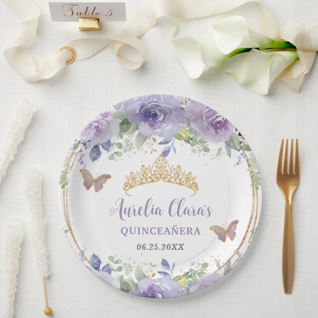 Purple Lilac Floral Quinceañera Crown Butterflies Paper Plate (Wedding)