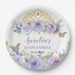 Purple Lilac Floral Quinceañera Crown Butterflies Paper Plate