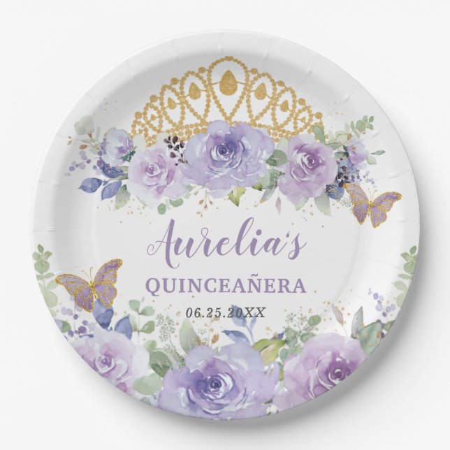 Purple Lilac Floral Quinceañera Crown Butterflies Paper Plate (Front)
