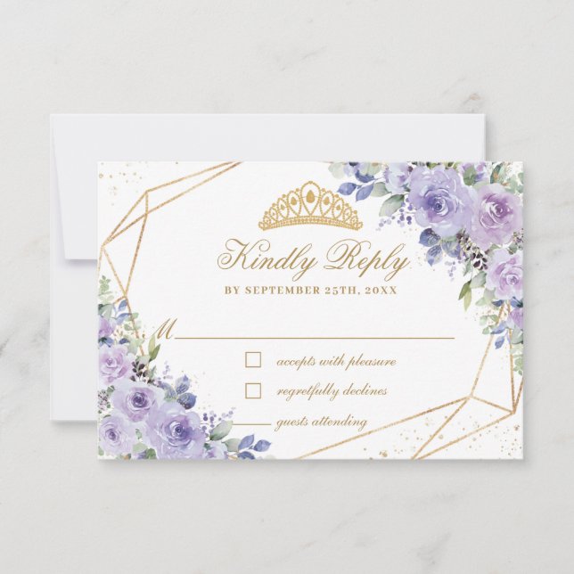 Purple Lilac Floral Quinceañera Gold Crown Tiara RSVP Card (Front)