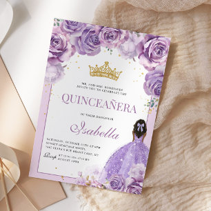 Purple Lilac Floral Quinceanera Gold Princess Invitation