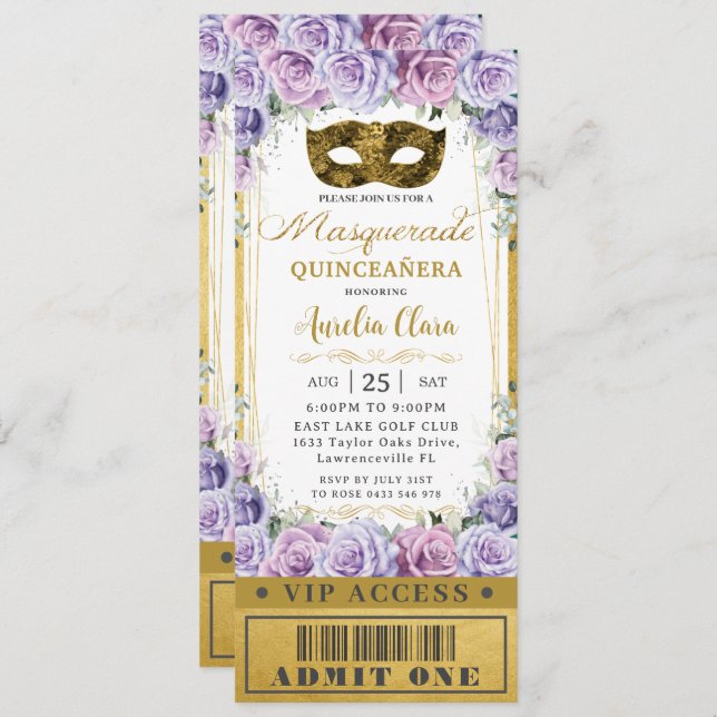 Purple Lilac Floral Quinceañera Masquerade Ticket Invitation (Front/Back)