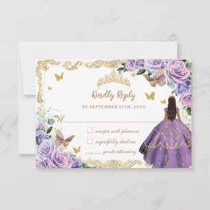 Purple Lilac Floral Quinceañera Princess Gold RSVP Card