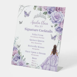 Purple Lilac Floral Quinceañera Signature Cocktail Pedestal Sign