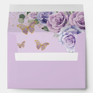 Purple Lilac Floral Quinceañera Sweet 16 Butterfly Envelope
