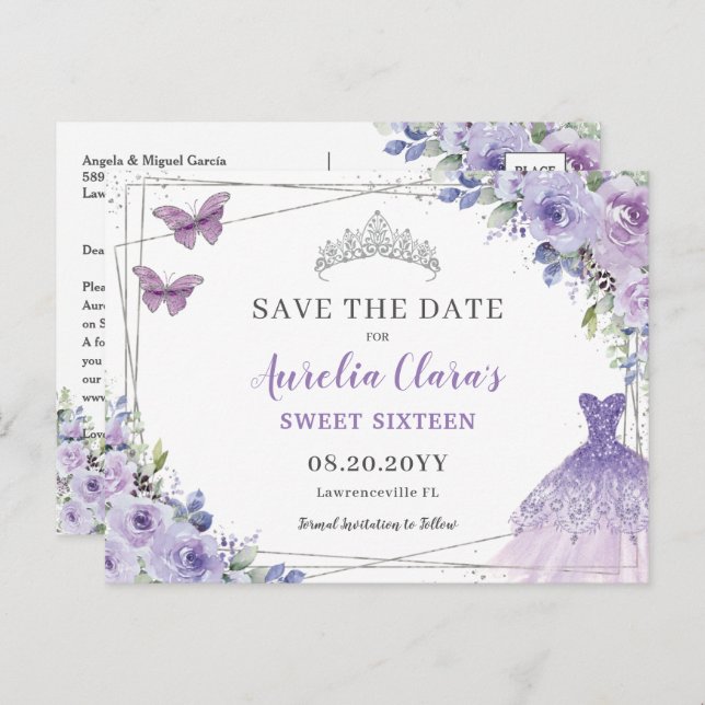 Purple Lilac Floral Quinceanera Sweet Sixteen Save Announcement Postcard (Front/Back)
