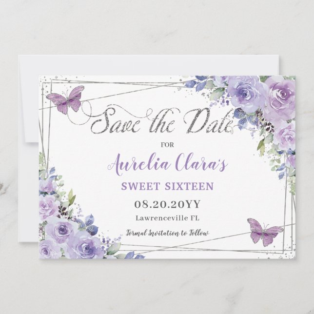 Purple Lilac Floral Quinceañera Sweet Sixteen Save The Date (Front)