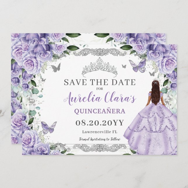 Purple Lilac Floral Quinceanera XV Sweet Sixteen  Save The Date (Front/Back)