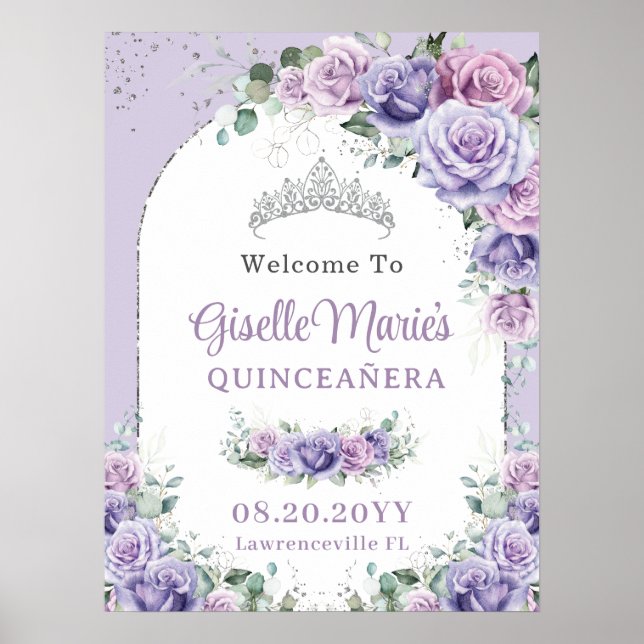 Purple Lilac Floral Rose QUINCEAÑERA Silver Arch Poster (Front)
