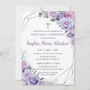 Purple Lilac Floral Silver First Holy Communion  Invitation