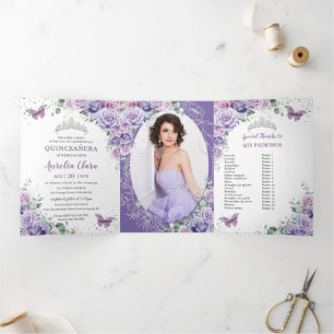 Purple Lilac Floral Silver Quinceañera 15 Photos Tri-Fold Invitation