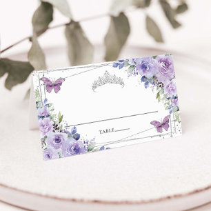 Purple Lilac Floral Silver Quinceañera 16 Birthday Place Card