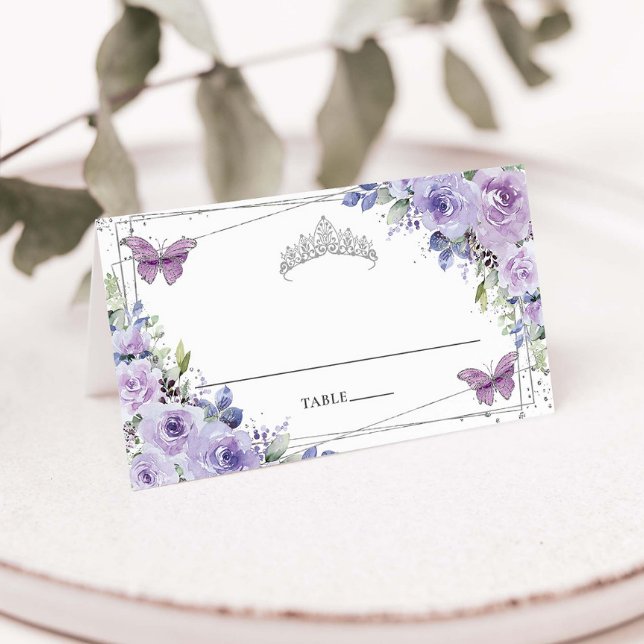 Purple Lilac Floral Silver Quinceañera 16 Birthday Place Card (purple-lilac-lavender-floral-silver-sweet-16-birthday-quinceanera-xv-bat-mitzvah-folded-place-cards)