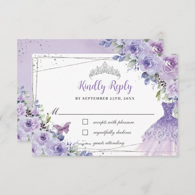 Purple Lilac Floral Silver Quinceañera Dress Gown RSVP Card (Front/Back)