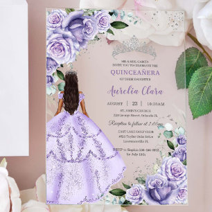 Purple Lilac Floral Silver Quinceañera XV Sweet 16 Acrylic Invitations