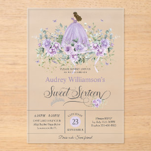 Purple Lilac Floral Sweet Sixteen 16th Birthday Acrylic Invitations