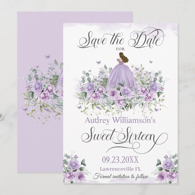 Purple Lilac Floral Sweet Sixteen 16th Birthday Save The Date (Front/Back)