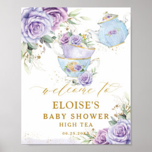 Purple Lilac Floral Tea Party Baby Shower Welcome Poster