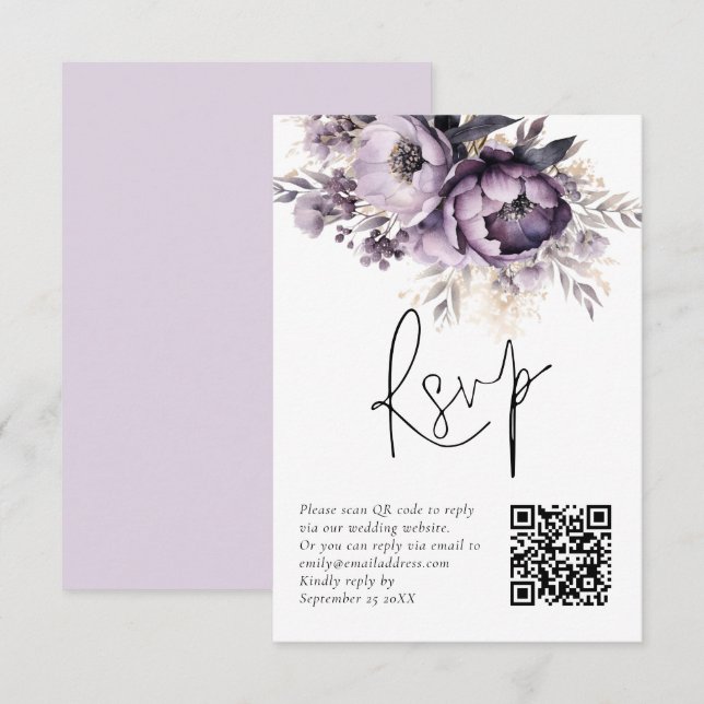 Purple Lilac Florals QR Code Wedding RSVP Card (Front/Back)