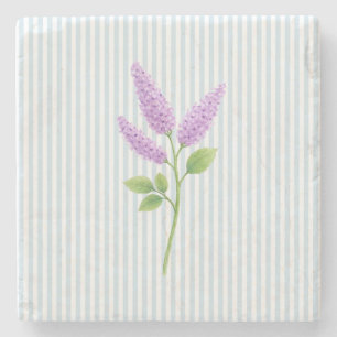 Purple Lilac Flower Painting Blue Stripe Stone Coaster