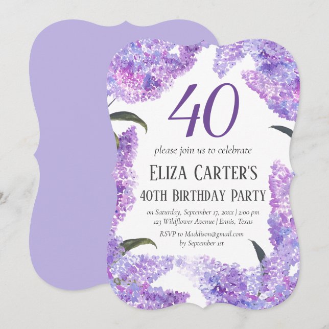 Purple Lilac Flowers 40th Birthday Forty Elegant Invitation (Front/Back)