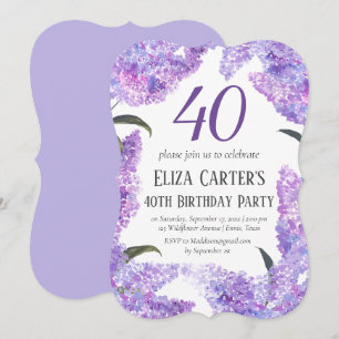 Purple Lilac Flowers 40th Birthday Forty Elegant Invitation